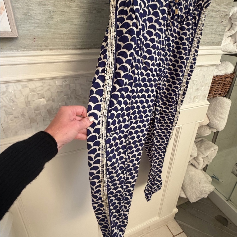 LP large petite Anthropologie beaded jogger pants lightweight blue white scallop - Picture 5 of 12